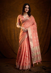Peach Pink Linen Cotton Silk Saree with Silver Accents